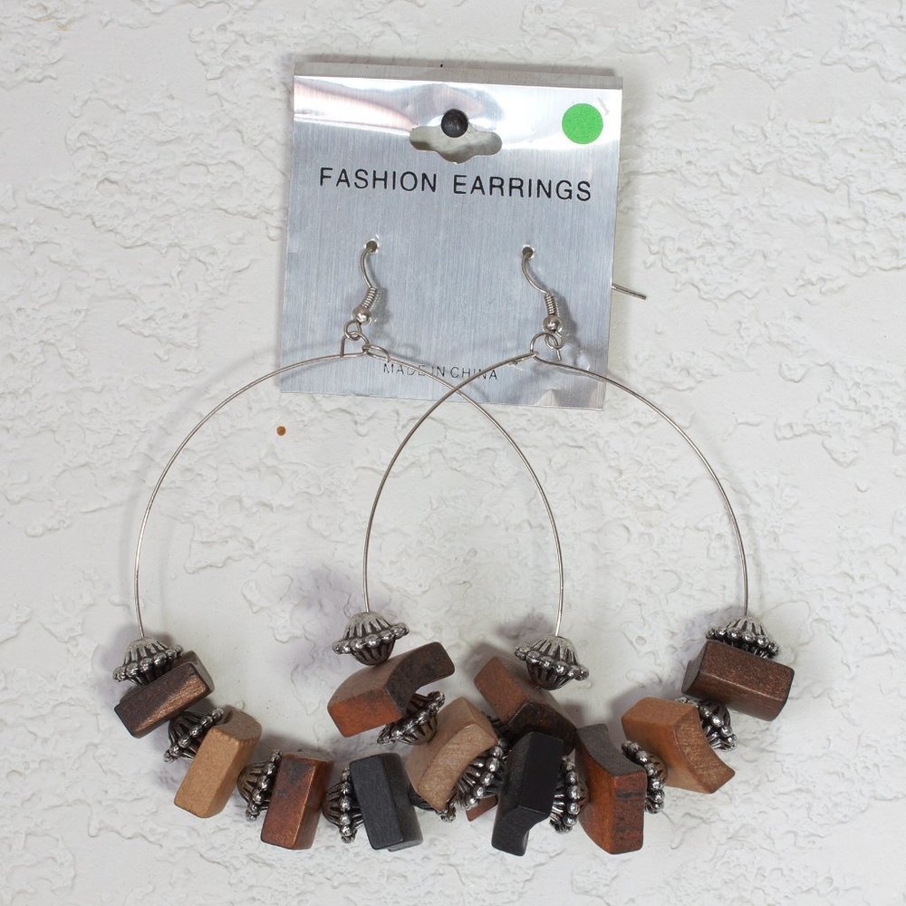 Wooden Block Hoops Earrings
